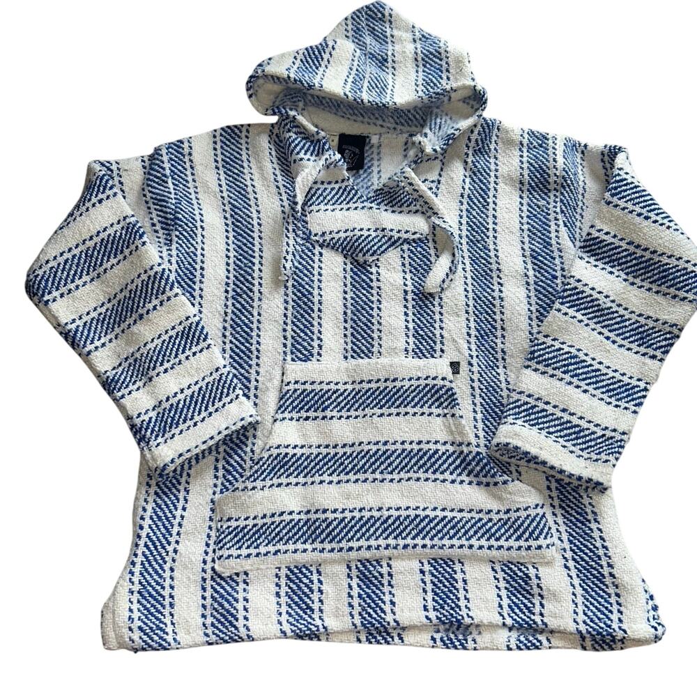 Baja Billys Hoodie Men Medium Mexican Rug Poncho Blue White Pullover Y2K 90s
